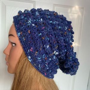Crochet Winter Hat Slouchy Beanie Blue Boho Hippie Unique Handmade Bubble